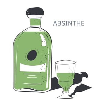 Alcoholic beverage with high percentage of spirit. Isolated icon of absinthe bottle and shot glass. Strong alcohol, shop or store assortment. Menu for restaurants or bars. Vector in flat style