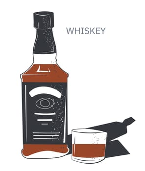 Bottle of expensive alcoholic beverage, isolated icon of whiskey and shot glass with alcohol. Cognac or bourbon, shops or store assortment. Menu for restaurants or bars. Vector in flat style