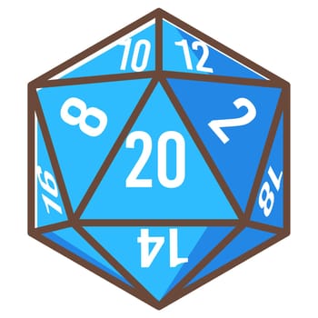 Playing board game, plastic dice cube with sides and numbers. Isolated hexagon, geometric shape for throwing for luck. RPG and fantasy, gambling and fortune. Vector in flat style illustration