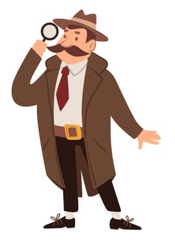 Male character wearing cloak and hat searching with magnifying glass. Isolated man, detective or spy, surveillance or looking for mysteries and secrets. Agent on mission. Vector in flat style