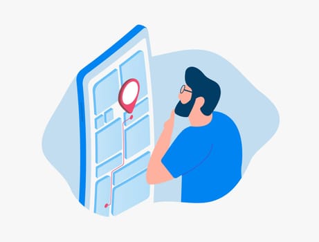 Local SEO - Optimize marketing ads with geo-positioning. Find optimal routes and reach regional clients. Illustration of man using location-based map search on smartphone. Vector illustration