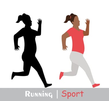 Running fat woman and her silhouette. Active people, fitness, sports movement. Side view. Vector illustration in flat design.
