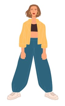 Model presenting stylish and trendy outfit. Isolated teenage girl wearing modern clothes. Baggy trousers, crop top and jacket. Accessories and glamour. Fashion and trends, vector in flat style