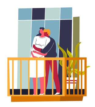 Man and woman in love cuddling on balcony, husband and pregnant woman hugging outdoors. Parents to be, people in apartment. Family life and happiness for embracing couple. Vector in flat style