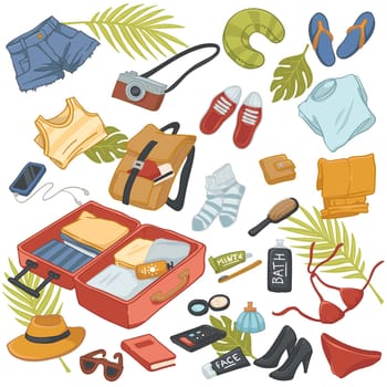 Personal belongings packed for summer holiday, weekends or vacation. Luggage with clothes, camera and hygiene cosmetics products. Swimming suit and brush, book and glasses. Vector in flat style