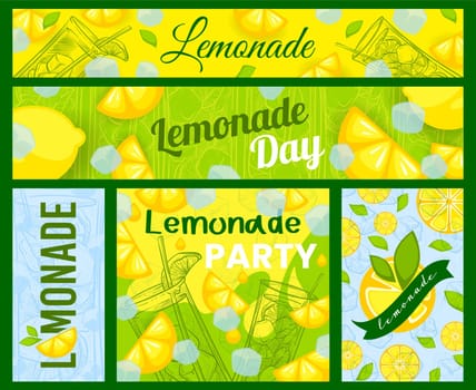 Collection of banners for advertising lemonade. Hand-drawn glass glasses with ice cubes and lemon slices. Stickers with the inscription lemonade, vector illustration. Refreshing summer drink.