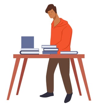 Student looking for book in library or bookstore or market. Isolated male character reading books, publications on table for sale. Person preparing for exam searching information. Vector in flat style
