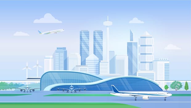 Airport terminal with airplanes, modern city skyline vector illustration. Cartoon urban panorama cityscape with airlines architecture, aircrafts on runway, towers of business skyscrapers background