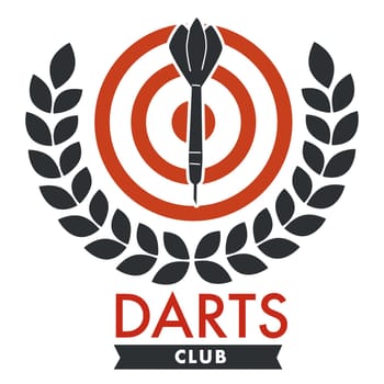 Playing darts and winning, club banner with target and aim, laurel leaf wreath and arrow. Targeting sportive events and hobby, entertainment and relaxation. Accuracy and success. Vector in flat style