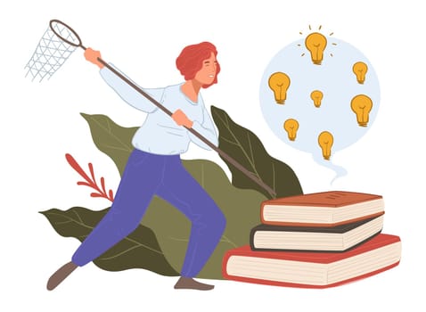Journalist brainstorming on new ideas, character hunting for creative thoughts. Female personage with sack and light bulbs. Pile of book for inspiration, lady with decorative foliage. Vector in flat