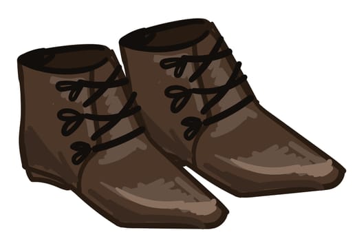Ancient leather boots, handmade footwear with leather, laces and comfortable model. Isolated traditional clothes and accessories of past times, old fashioned ethnic clothing. Vector in flat style