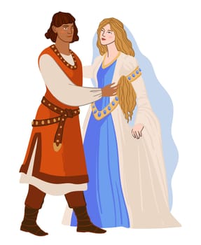 Romanesque man and woman wearing traditional costumes and accessories of old times. Male and female dressed in clothing. Prince and princess, marriage or everyday outfit. Vector in flat style