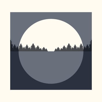 Wild landscape with forest and moon in night poster. Full moon and lake design. Boho wall decor. Mid century modern minimalist art print