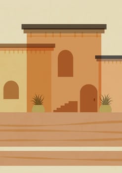 Architecture of Morocco, small village poster illustration. Modern aesthetic art of mediterranean buildings. Boho style artistic design for wall decoration