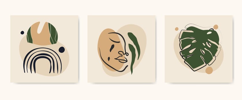 Set of minimalistic abstract aesthetic illustrations. Modern style decor. Vintage illustrations with geometric shapes, leaves, female face.