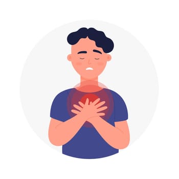 Anxious sad boy suffering from strong chest pain. Discomfort between neck and upper abdomen flat vector illustration