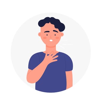 Sick boy coughing loudly of catched strong cold. Involuntarily expelling lungs air with harsh noise flat vector illustration