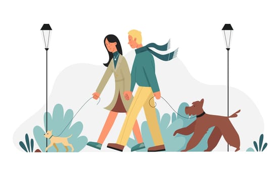 Young couple walking in park with dogs pets. Family with home animals spending outdoor time together flat vector illustration
