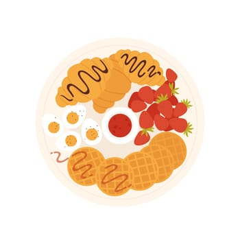 Top view of delicious breakfast. Plate croissants and waffles with jam isolated illustration