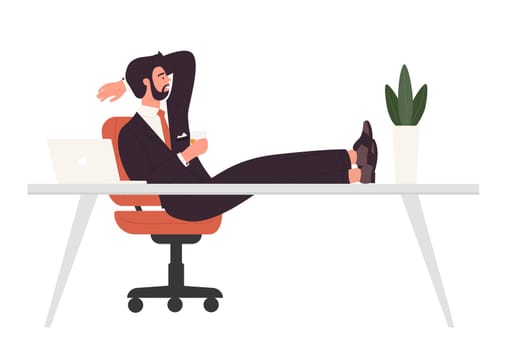 Businessman in armchair and legs on desk. Relaxing manager at workstation vector illustration