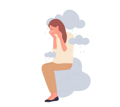 Depressed girl with raining clouds. Crying woman, upset and disappointed mood vector illustration