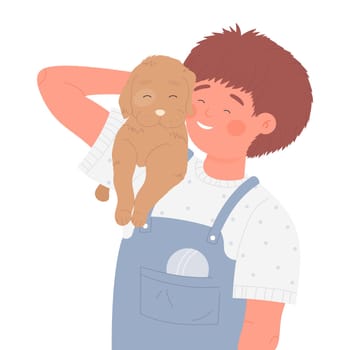 Cheerful kid with lovely pet. Holding dog friend, cuddling fluffy doggy vector illustration