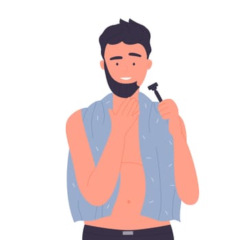 Man shaving his face. Men morning routine, face care procedures vector illustration