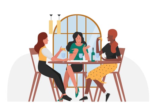 Group of girls friend in cafe. Spending funny time together, women friendship vector illustration