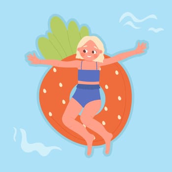 Happy excited girl on floating fruit mattress. Aquapark leisure time, vacation season vector illustration