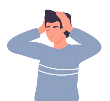 Sick adult with headache. Man suffering from migraine, boy feeling unwell vector illustration
