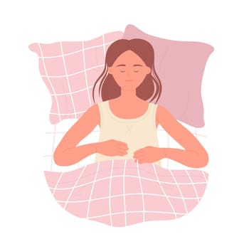 Sleeping girl in bedroom. Lady lying in blanket, bed dreaming time vector illustration