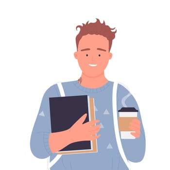 Student boy with takeaway coffee. Hot cappuccino beverage, coffee to go vector illustration