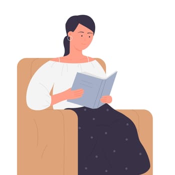 Sitting lady in armchair reading novel. Book lover, relaxing home activity vector illustration