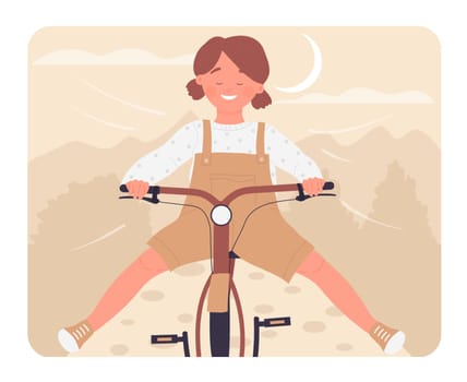 Excited girl riding bicycle. Speeding happy childhood time, outdoor activity vector illustration