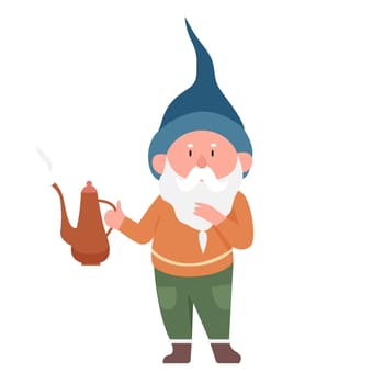 Gnome with tea kettle. Fairytale character holds teapot, magic dwarf vector illustration