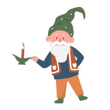 Magic dwarf with candle. Fairytale male gnome, wizard character vector illustration