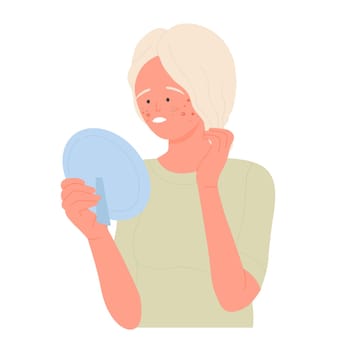 Girl with face acne looking in the mirror. Skin inflammations and pimples flat vector illustration