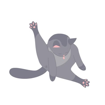 Grey cat cleaning its fur. Kitten preparing for sleep, self hygiene pet cartoon vector illustration