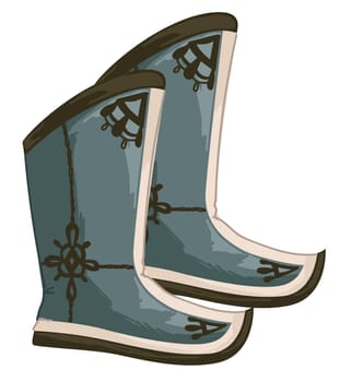 Hunting shoes with decorative and ornamental elements and adornment. Long boots design for men or women, asian fashion and clothes. Walking footwear made of leather skin. Vector in flat style