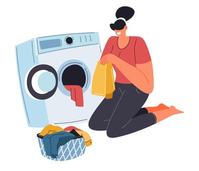 Female character doing daily chores and everyday routine. Isolated lady sitting by washing machine with basket with clothes for cleaning. Caring for cleanliness and tidiness. Vector in flat style