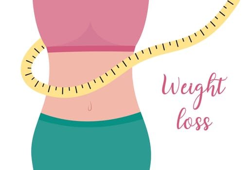 Weight loss. Waist of woman and measuring tape. Female slim body. Flat vector illustration. Figure of woman losing weight. Healthy lifestyle.