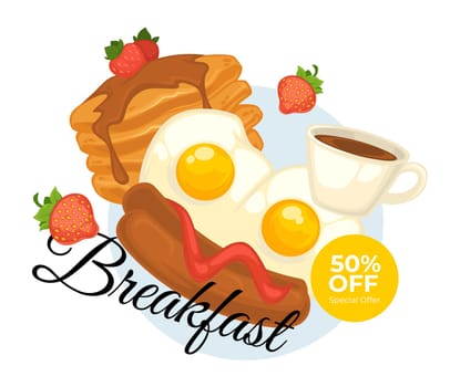 Pancakes with caramel or chocolate topping and strawberries, fried eggs, hot dog and cup of coffee served as breakfast. Promotional banner with discount, menu of cafe or restaurant. Vector in flat