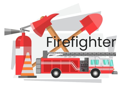 Equipments and machinery for firefighters, brigade tools and instruments for extinguishing fire. Station with transport, shovel and ax, plastic cone. Dangerous profession. Vector in flat style