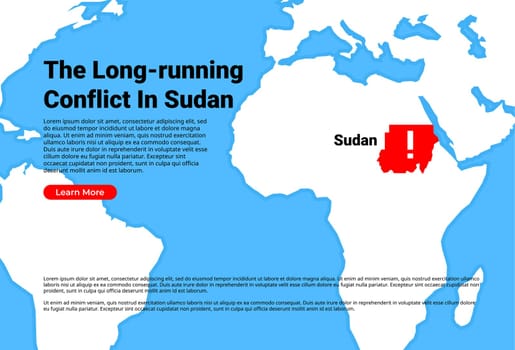 A world map showing Africa. A military armed conflict is continuing in Sudan. Vector flat illustration. Sudan's 100-Day conflict is putting catastrophic