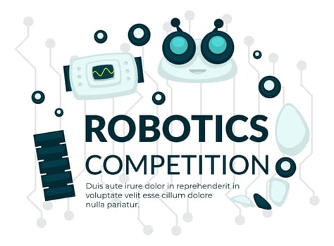 Competition in field of robotics, contest or exhibition of robots and innovative ideas and models of new humanoids. Scientific and technical progress, development in engineering. Vector in flat style