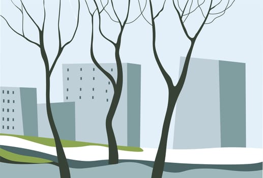 Spring season, change of weather from winter cold. Melting snow on streets in city. Cityscape with skyscrapers and tall buildings and trees. Springtime and revival of nature. Vector in flat style