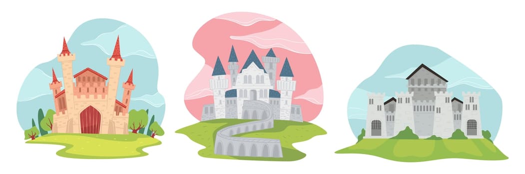 Medieval old architectural exterior of fantasy castle with spires and rooms. Fairytale kingdom or main landmark in city. Historic building of stone or mystery scenic place. Vector in flat style