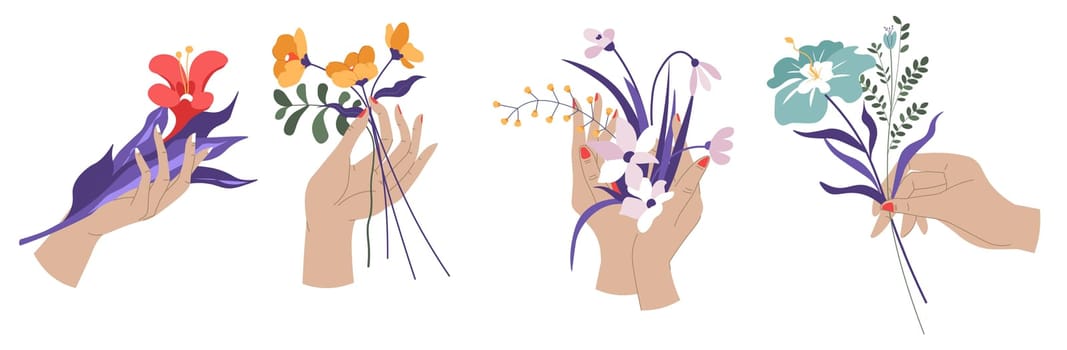 Woman hands holding blooming spring or summer flowers, presents and gift for female character. Botany and blossom of flora, decorative ornaments and holiday celebration. Vector in flat style