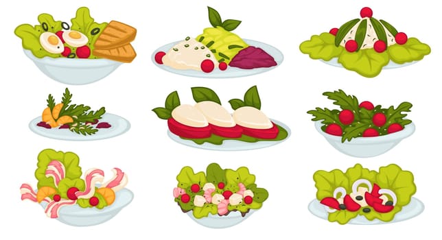 Healthy food and dishes served with leaves and vegetables. Seafood and organic natural ingredients, mediterranean cuisine with lettuce and cabbage, herbs and fresh onion. Vector in flat style