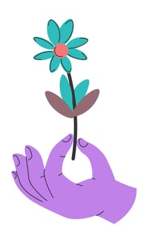 Flower in bloom, blossom and biodiversity of nature, isolated hand holding bouquet. Present and gift for women, greeting and celebration holiday. Expression of appreciation. Vector in flat style